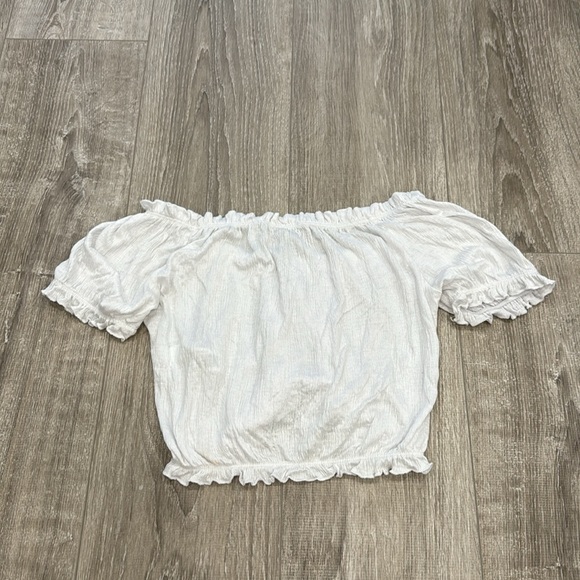 Off The Shoulder Crop Top Puff Short Sleeve Casual Ruched Shirt - Picture 8 of 8